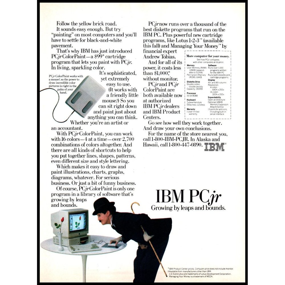 1984 IBM PCjr Personal Desktop Computer Charlie Chaplin Vintage Print Ad Decor